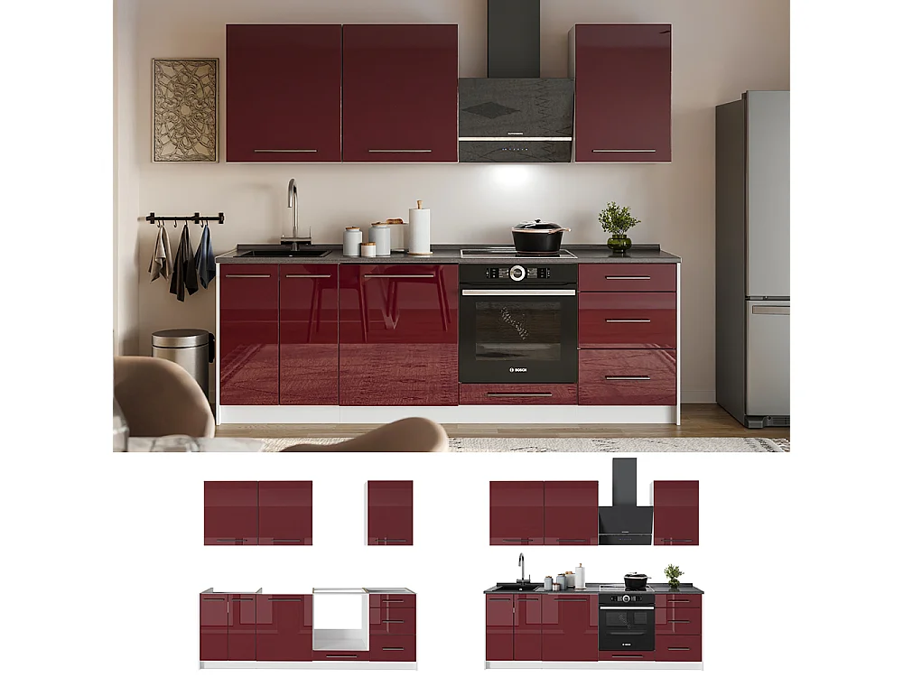 Mueble de cocina rojo burdeos alto brillo/blanco 230x51.6x82 fame-line
