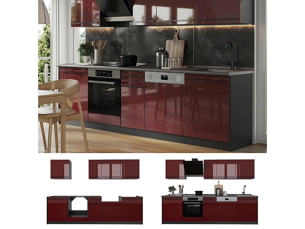 Mueble de cocina rojo de alto brillo/antracita 280x60x206.8 r-line