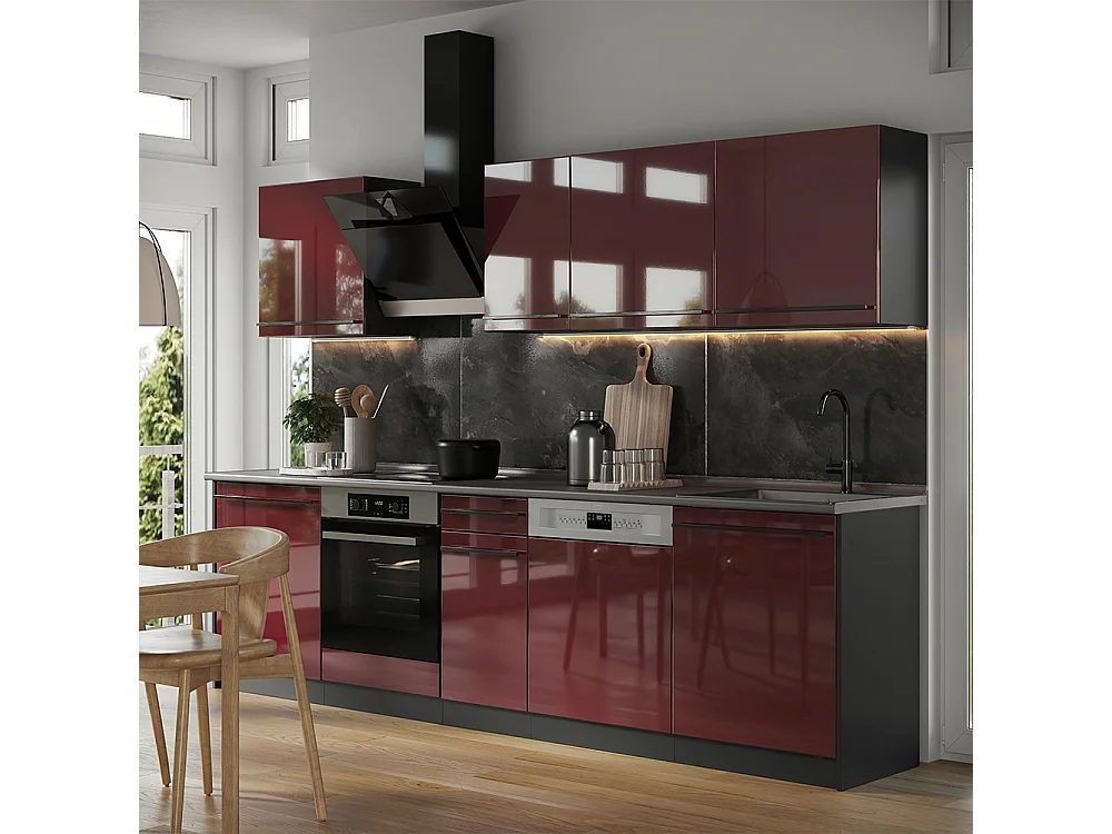 Mueble de cocina rojo de alto brillo/antracita 280x60x206.8 r-line
