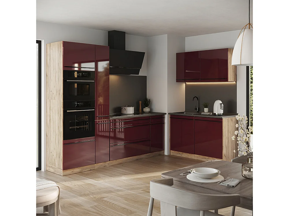 Cocina esquinera rojo de alto brillo/roble dorado 230x60x206.8 r-line