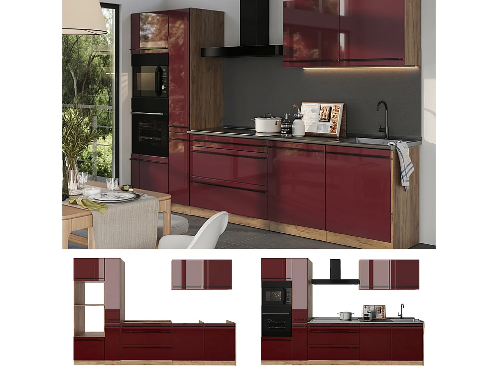 Mueble de cocina rojo de alto brillo/roble dorado 310x60x206.8 r-line