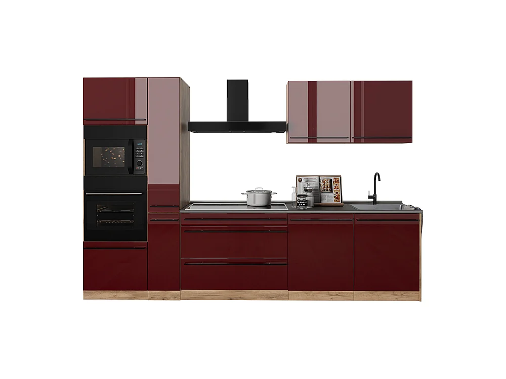 Mueble de cocina rojo de alto brillo/roble dorado 310x60x206.8 r-line