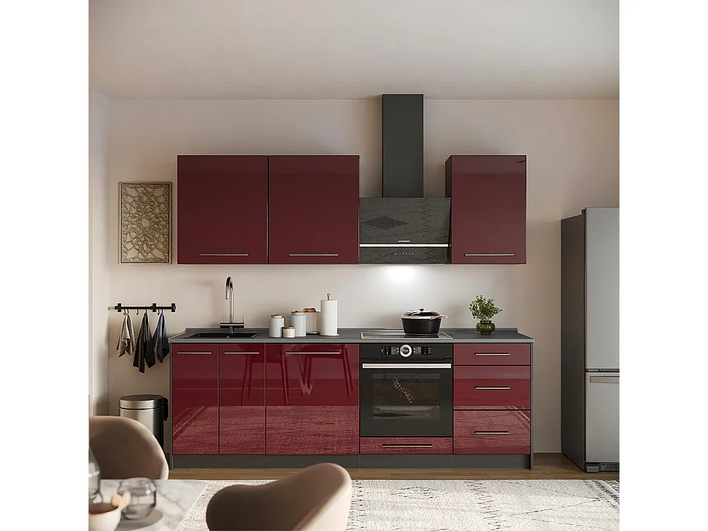 Mueble de cocina rojo burdeos alto brillo/antracita 230x60x82 fame-line