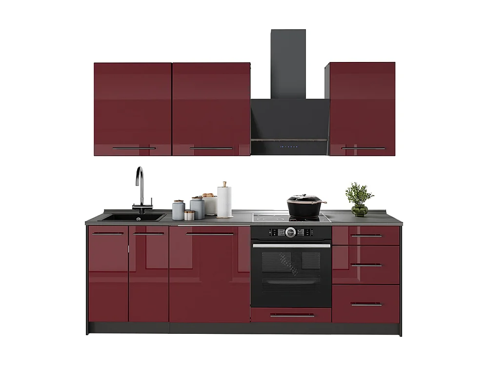Mueble de cocina rojo burdeos alto brillo/antracita 230x60x82 fame-line