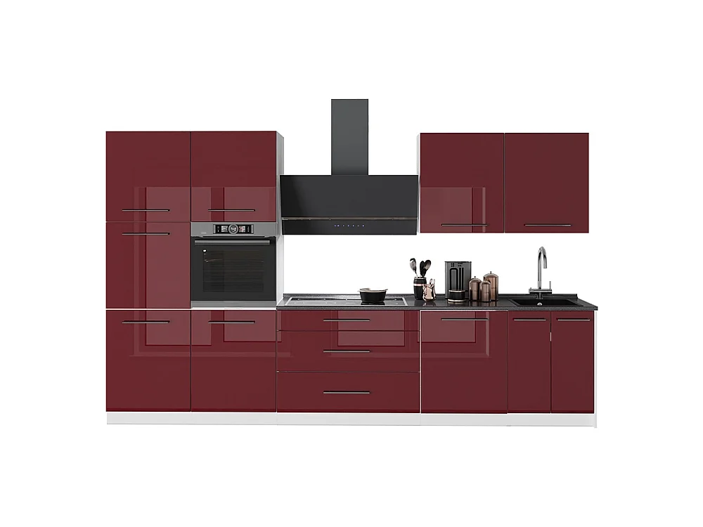Mueble de cocina rojo burdeos alto brillo/blanco 340x60x206.8 fame-line
