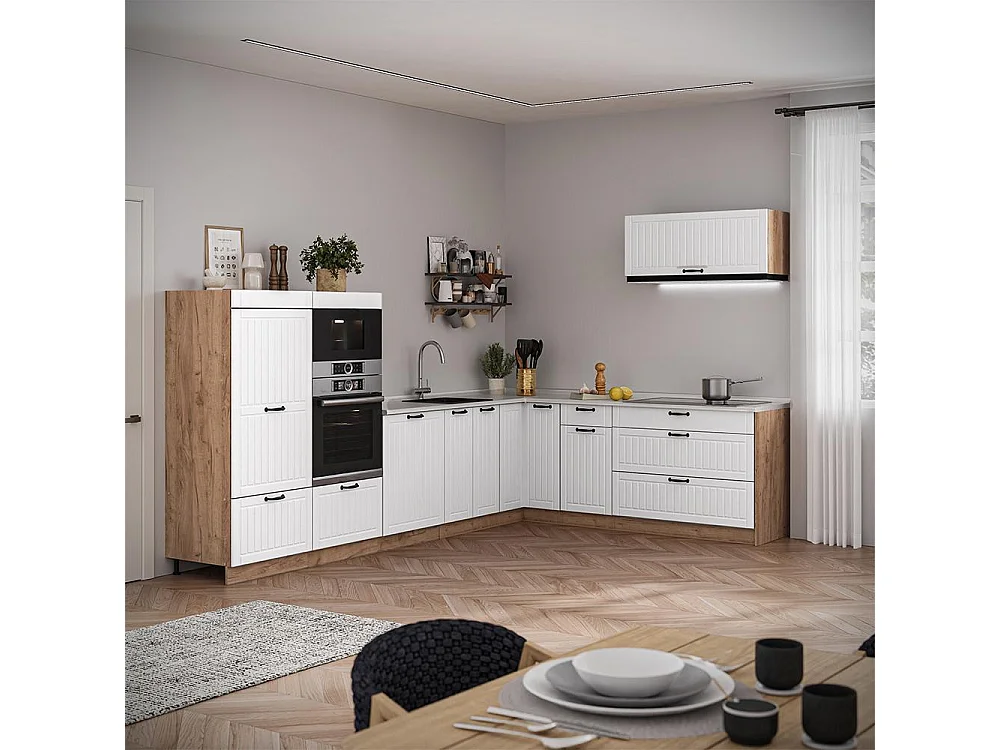 Hörnkök vitt hus på landet/goldkraft ek 327x51.6x153.6 fame-line