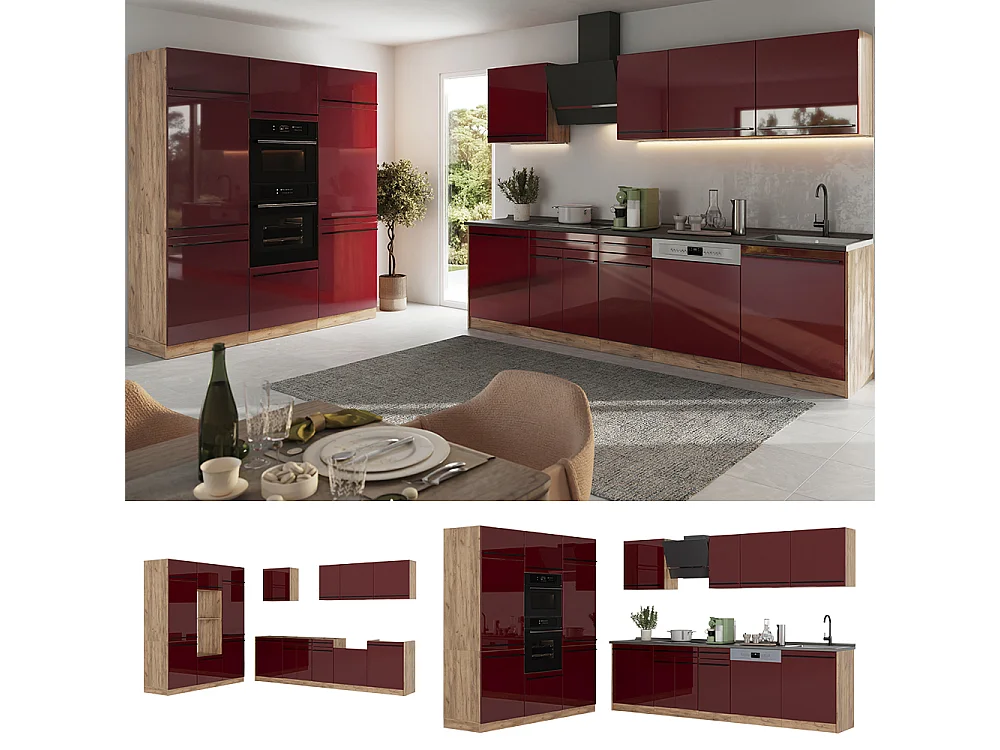 Mueble de cocina rojo de alto brillo/roble dorado 180x60x206.8 r-line