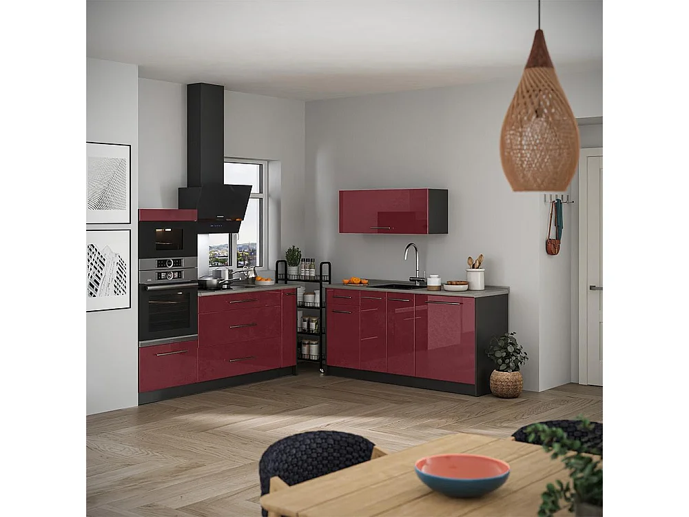 Cocina rojo burdeos alto brillo/antracita 340x60x153.6 fame-line