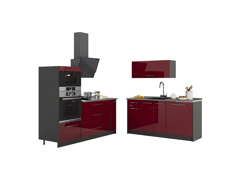 Cocina rojo burdeos alto brillo/antracita 340x60x153.6 fame-line