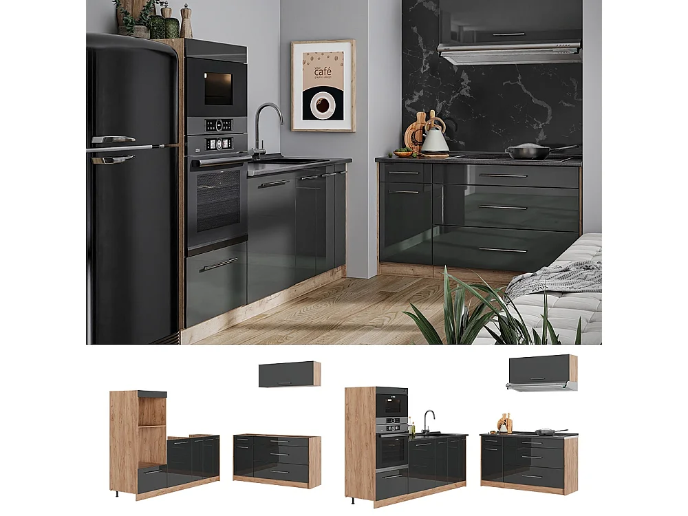 Kuchnia antracyt połysk/dąb goldkraft 340x60x153.6 fame-line