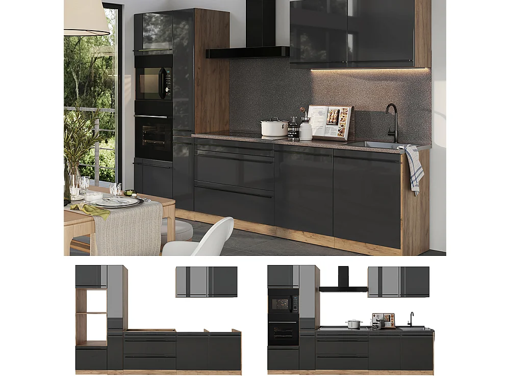 Cuisine anthracite haute brillance/chêne doré 310x60x206.8 r-line