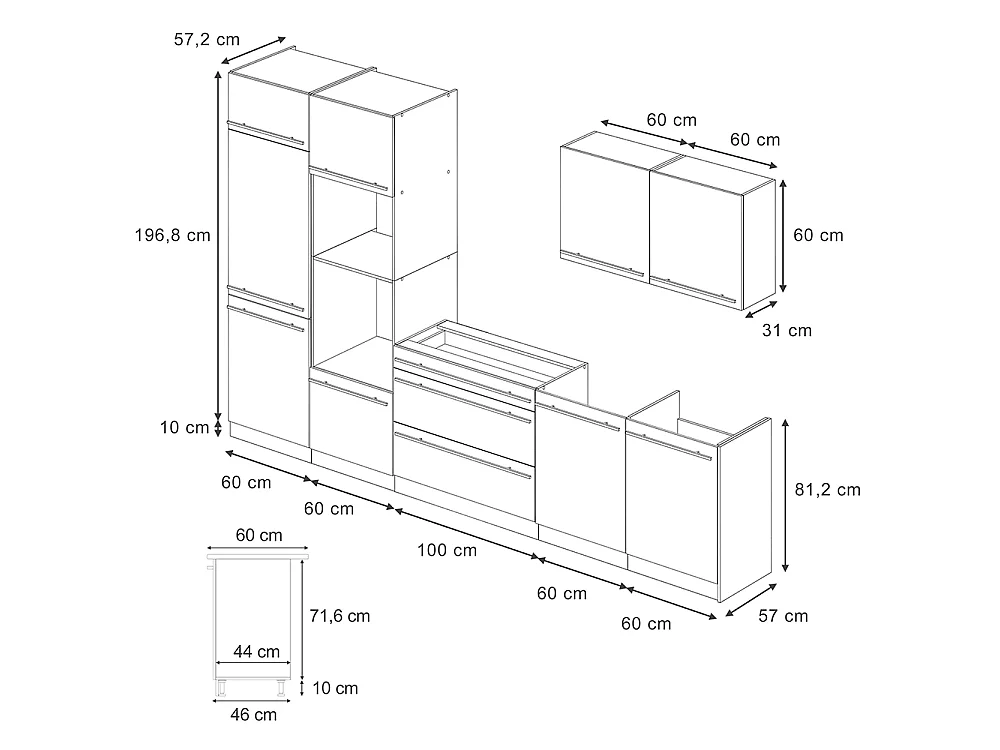 Mueble de cocina rojo de alto brillo/roble dorado 340x60x206.8 r-line