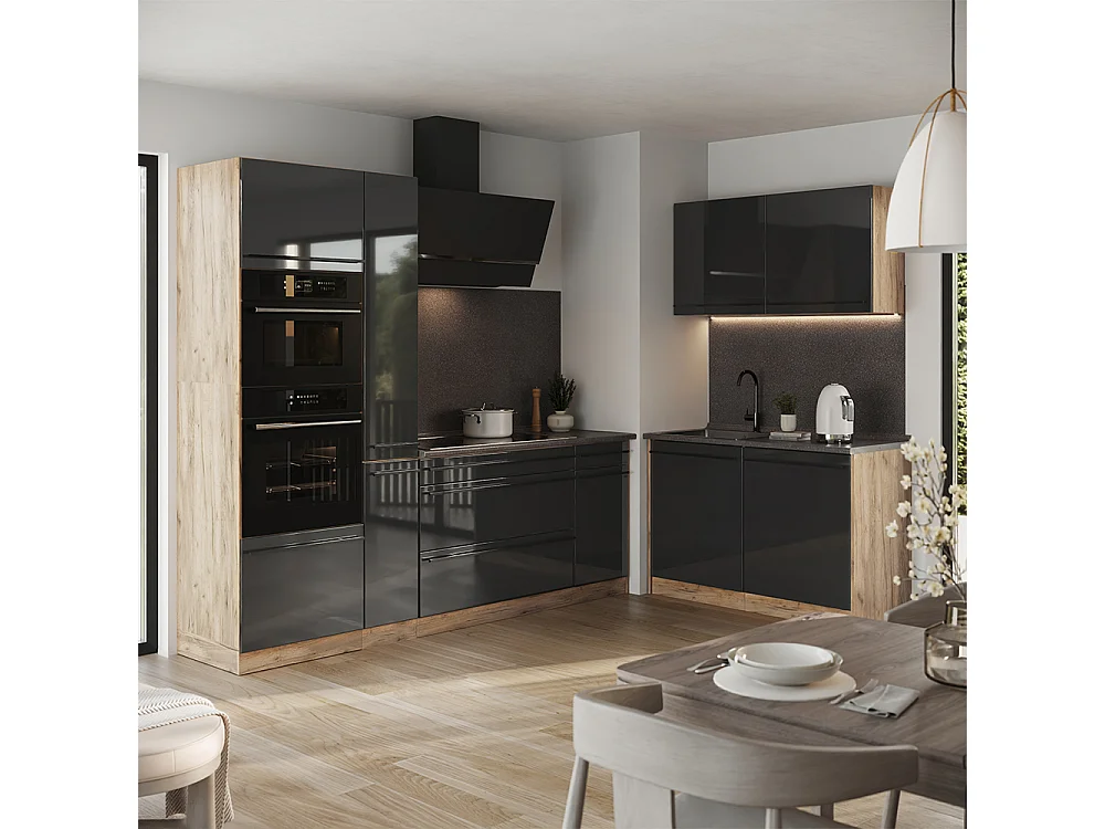 Cuisine en angle anthracite haute brillance/chêne doré 230x60x206.8 r-line