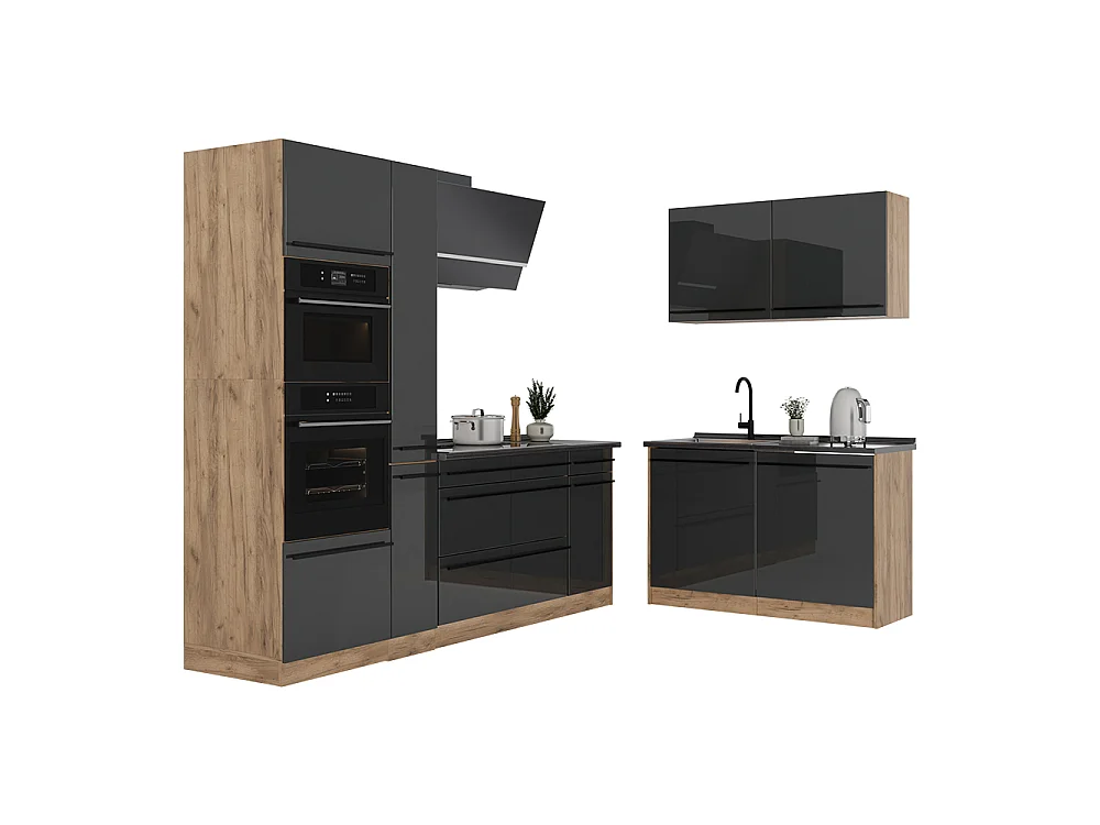 Cuisine en angle anthracite haute brillance/chêne doré 230x60x206.8 r-line