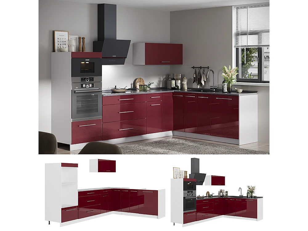 Cocina esquinera rojo burdeos alto brillo/blanco 287x51.6x153.6 fame-line