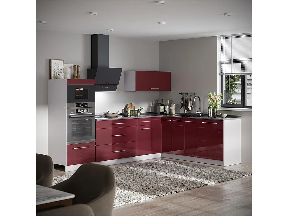 Cocina esquinera rojo burdeos alto brillo/blanco 287x51.6x153.6 fame-line