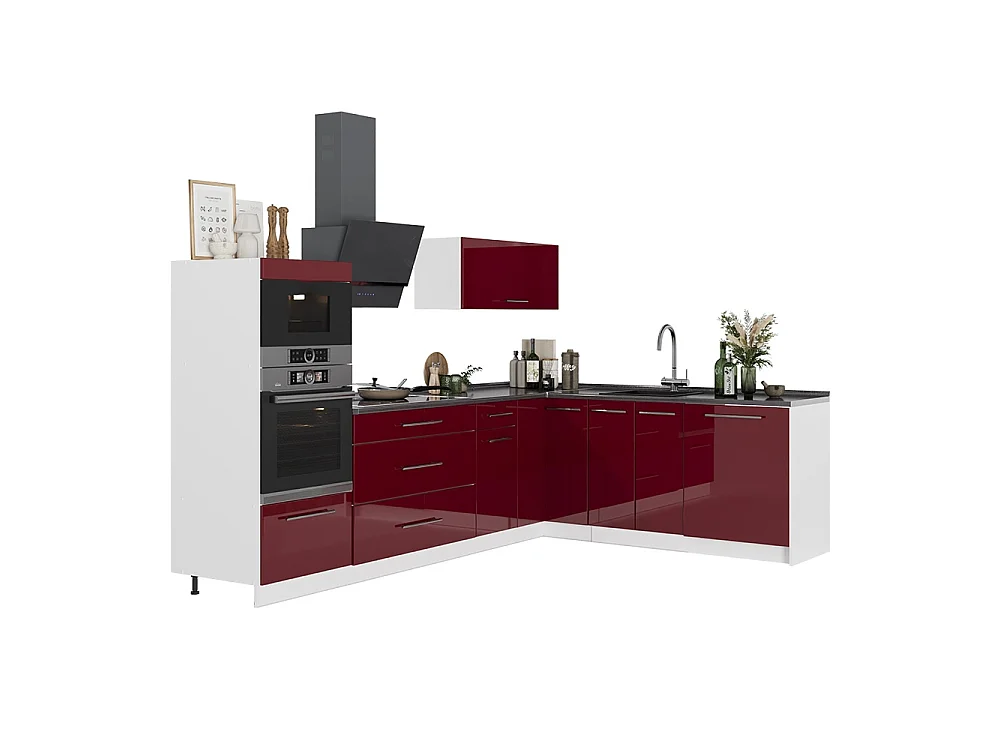 Cocina esquinera rojo burdeos alto brillo/blanco 287x51.6x153.6 fame-line