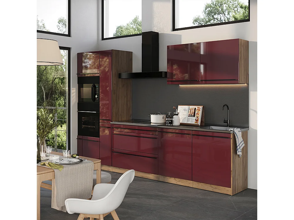 Mueble de cocina rojo de alto brillo/roble dorado 310x60x206.8 r-line
