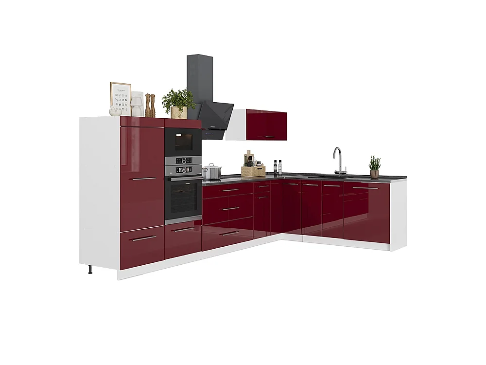 Cocina esquinera rojo burdeos alto brillo/blanco 347x60x153.6 fame-line