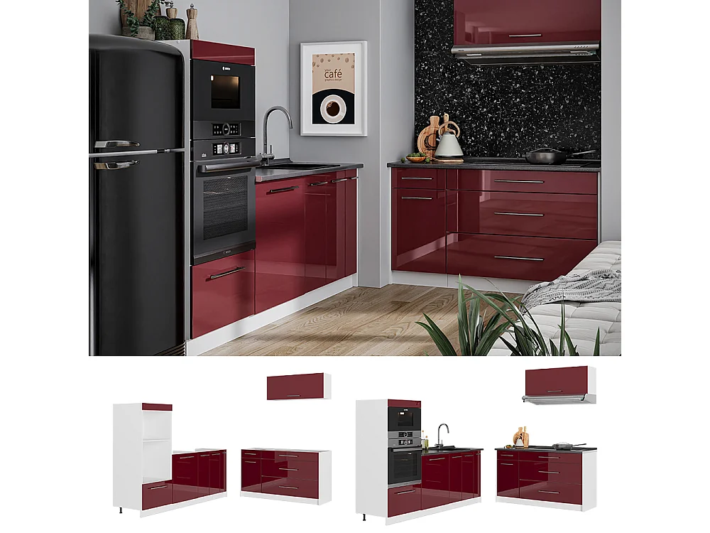 Cocina rojo burdeos alto brillo/blanco 340x60x153.6 fame-line