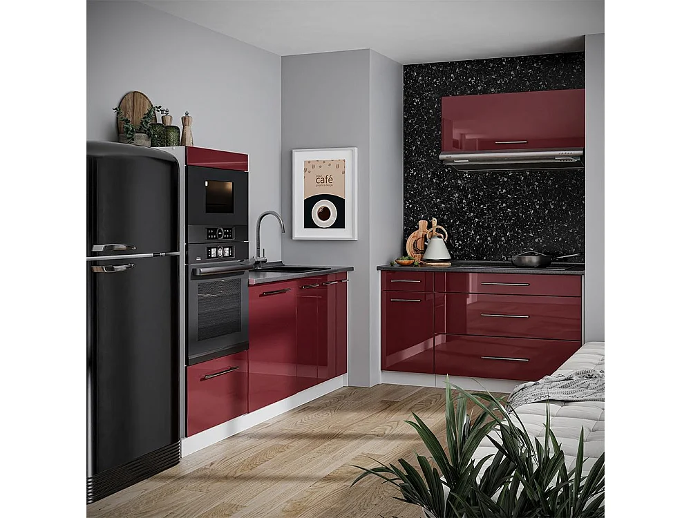 Cocina rojo burdeos alto brillo/blanco 340x60x153.6 fame-line