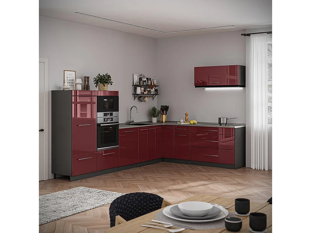 Cuisine en angle rouge bordeaux haute brillance/anthracite 327x60x153.6 fame-line