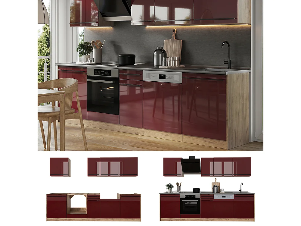 Mueble de cocina rojo de alto brillo/roble dorado 280x60x206.8 r-line
