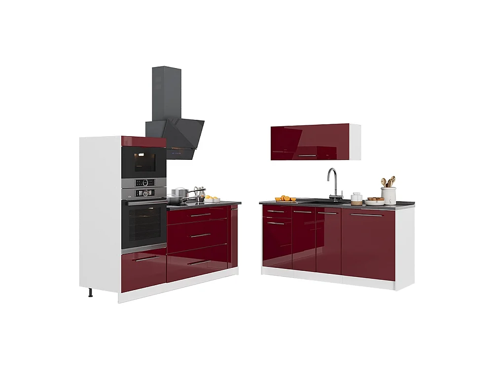Cocina rojo burdeos alto brillo/blanco 340x51.6x153.6 fame-line