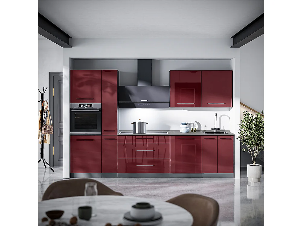 Cuisine rouge bordeaux haute brillance/anthracite 310x60x206.8 fame-line