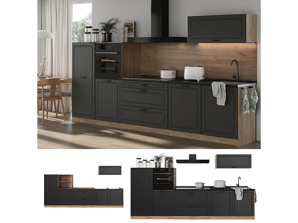 Cuisine anthracite campagne/chêne doré 340x60x143 r-line