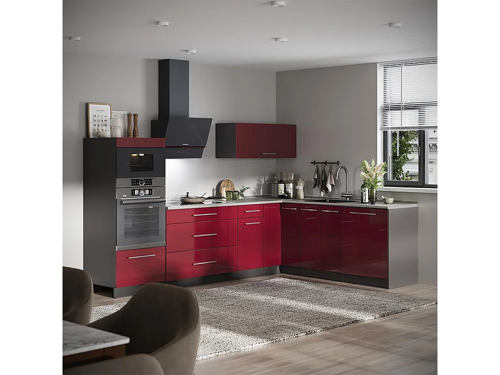 Cocina esquinera rojo burdeos alto brillo/antracita 287x60x153.6 fame-line