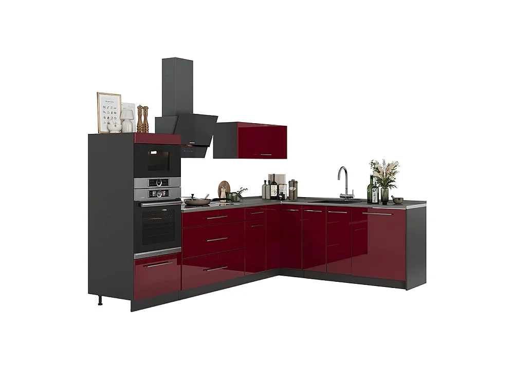 Cocina esquinera rojo burdeos alto brillo/antracita 287x60x153.6 fame-line
