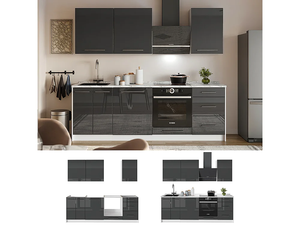 Cuisine anthracite haute brillance/blanc 230x60x82 fame-line