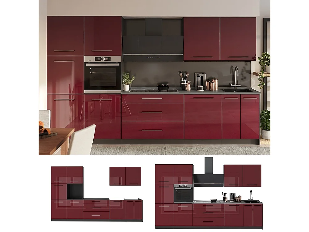 Mueble de cocina rojo burdeos alto brillo/antracita 340x60x206.8 fame-line