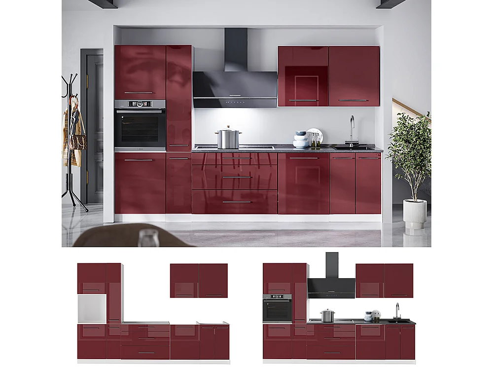Mueble de cocina rojo burdeos alto brillo/blanco 310x60x206.8 fame-line