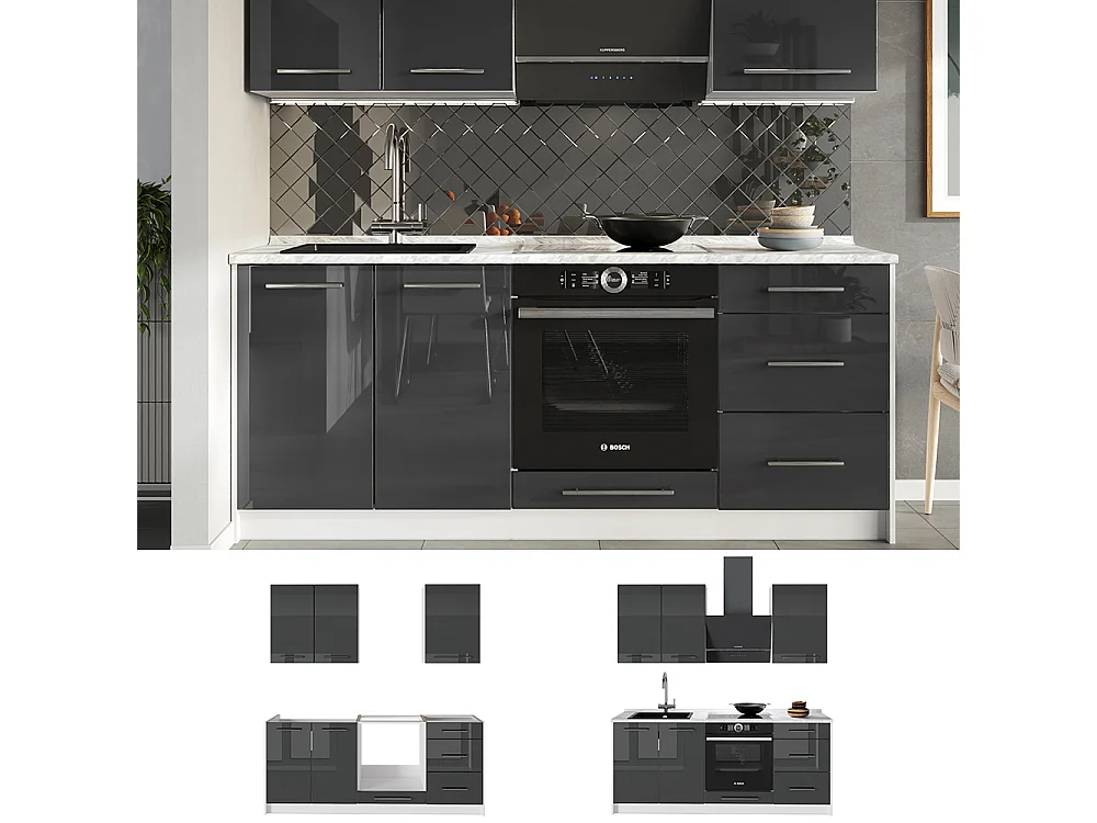 Cuisine anthracite haute brillance/blanc 190x51.6x82 fame-line
