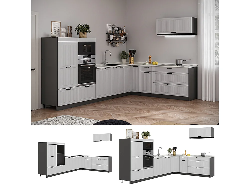 Hörnkök vitt hus på landet/antracit 327x60x153.6 fame-line