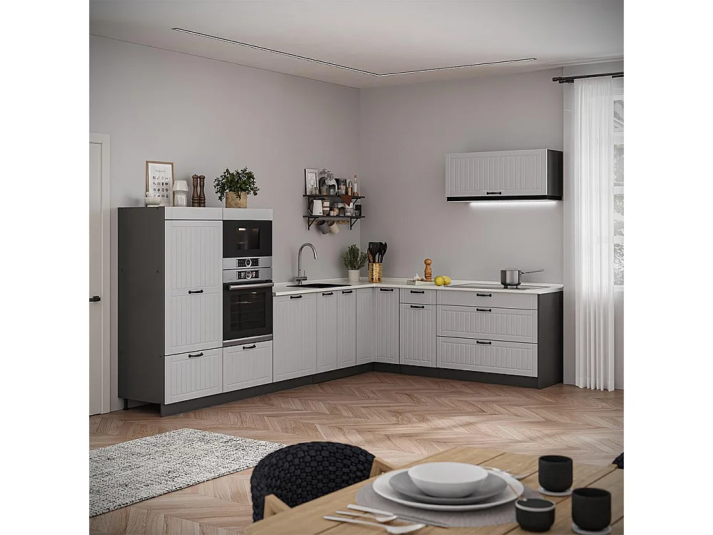 Hörnkök vitt hus på landet/antracit 327x60x153.6 fame-line