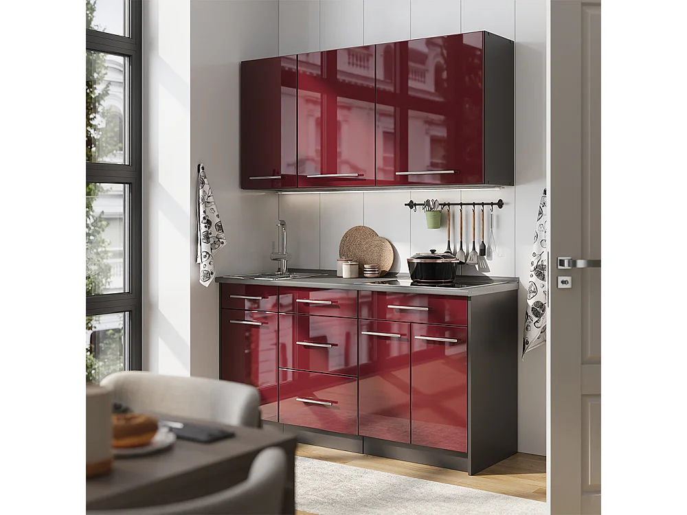 Cocina para solteros rojo burdeos alto brillo/antracita 150x60x82 fame-line