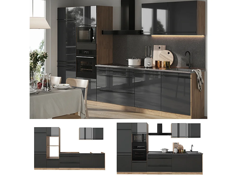 Cuisine anthracite haute brillance/chêne doré 340x60x206.8 r-line