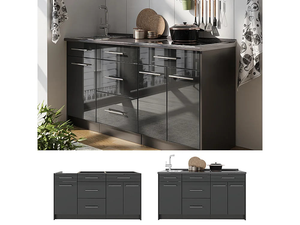 Bloc de cuisine anthracite haute brillance/anthracite 150x60x82 fame-line