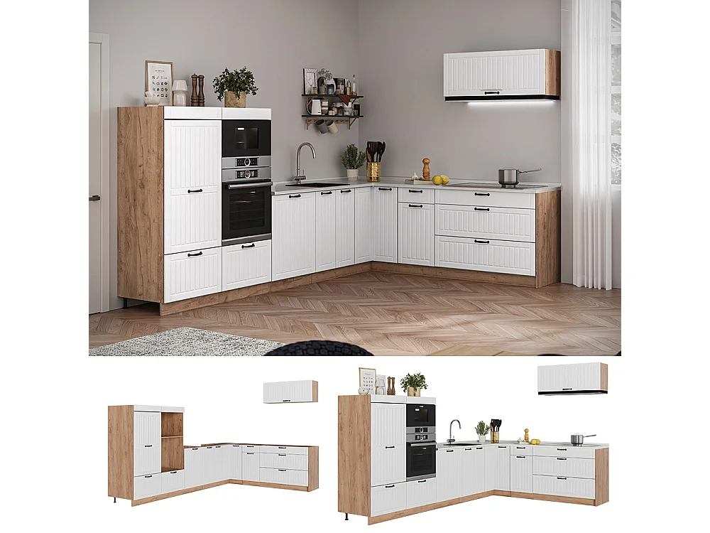 Hörnkök vitt hus på landet/goldkraft ek 327x60x153.6 fame-line
