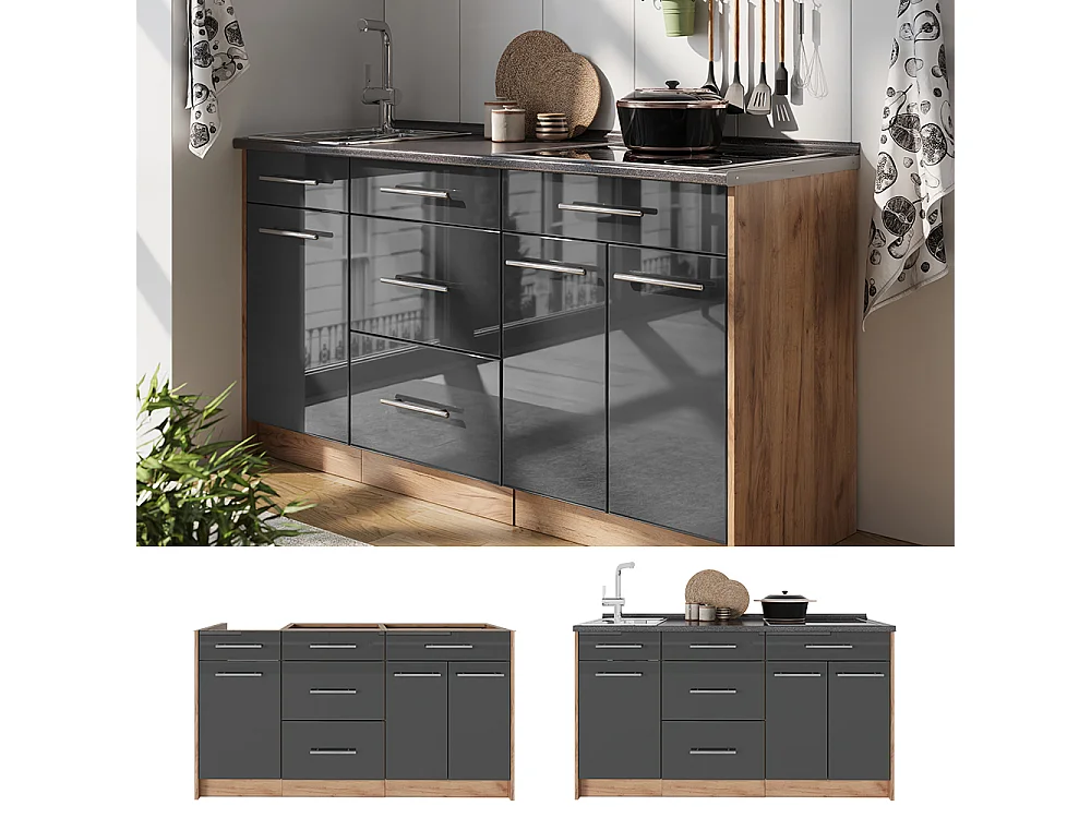 Bloc de cuisine anthracite haute brillance 150x60x82 fame-line