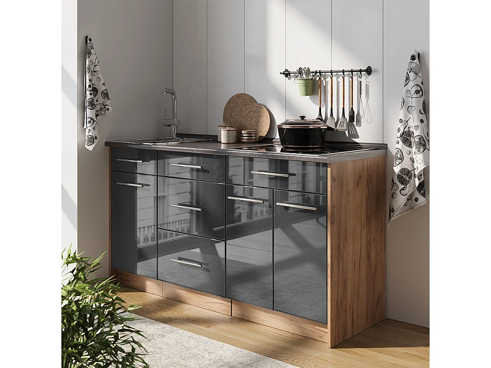 Bloc de cuisine anthracite haute brillance 150x60x82 fame-line
