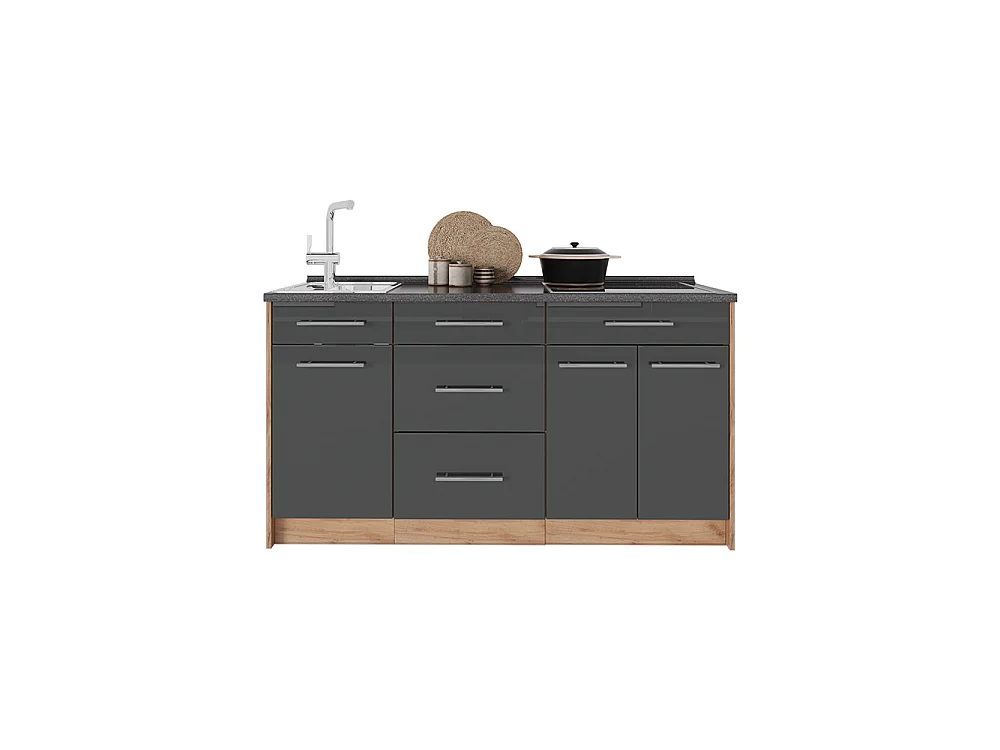 Bloc de cuisine anthracite haute brillance 150x60x82 fame-line