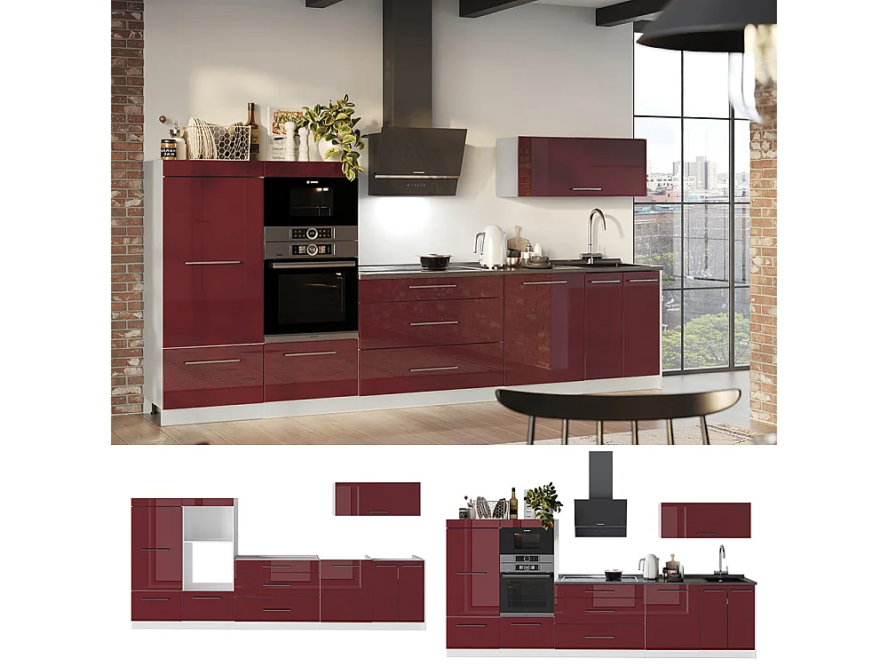 Mueble de cocina rojo burdeos alto brillo/blanco 340x60x153.6 fame-line