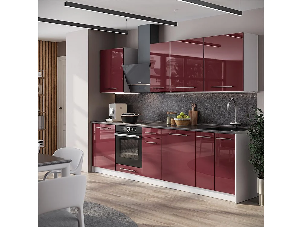Mueble de cocina rojo burdeos alto brillo/blanco 280x51.6x82 fame-line