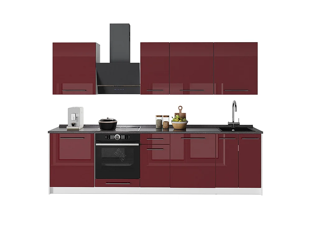 Mueble de cocina rojo burdeos alto brillo/blanco 280x51.6x82 fame-line