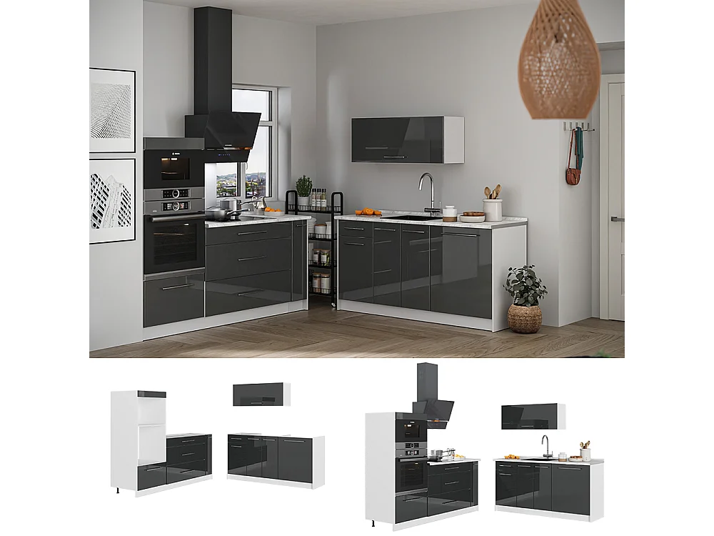 Kuchnia antracyt połysk/biały 340x60x153.6 fame-line
