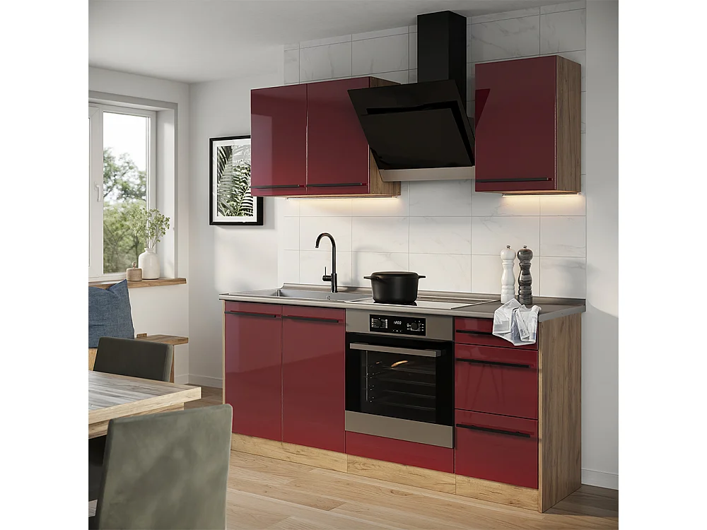 Cocina para solteros rojo de alto brillo/roble dorado 180x60x206.8 r-line
